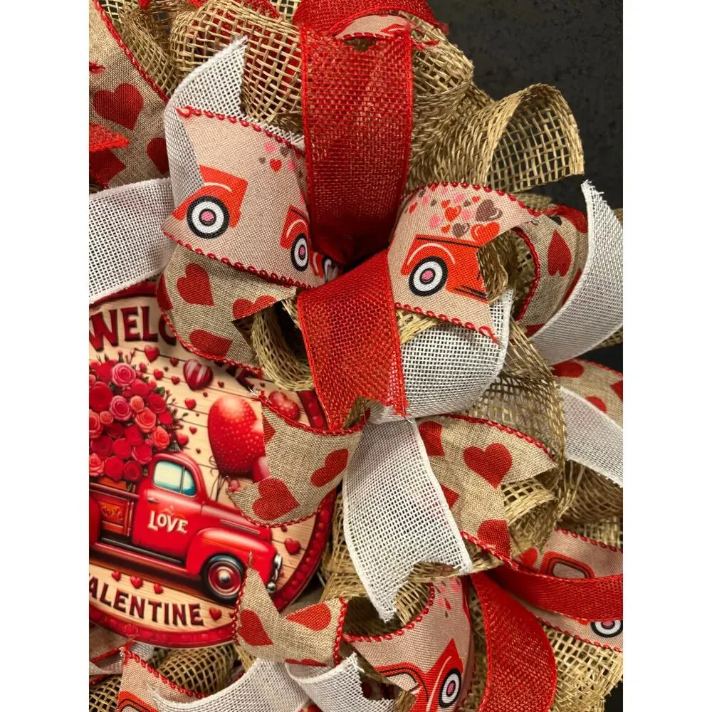Valentines Day Wreath, Rustic, Farmhouse, Red Truck, Handmade 22 In Burlap